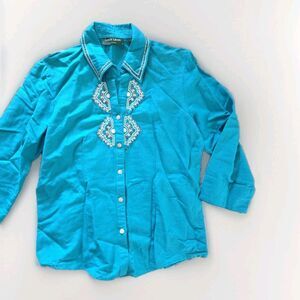 Lemon Grass Studio Women's S Linen & Cotton Blue Turquoise Embroidered Button Up